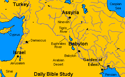 Map of Turkey, Assyria, and Babylon showing the second garden site at the Tigris/Euphrates confluence.