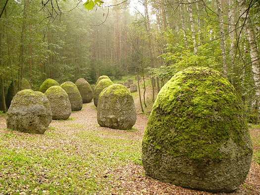 Large old mossy stones in the misty woods