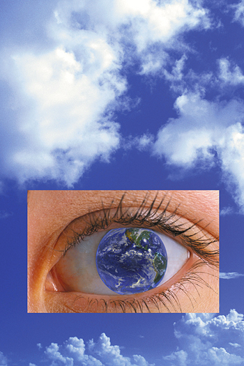 Blue sky and white clouds with an inset photo of a close up human eye with the earth as its center