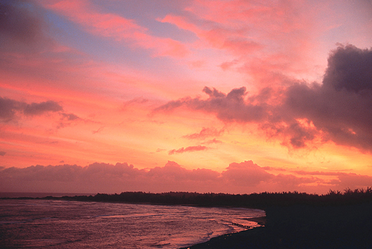  red and pink sunset over a seashore