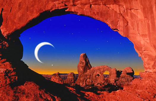 Sickle moon, night, rock arch
