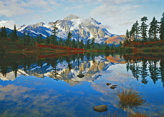 Mountain landscape reflected in foreground pool