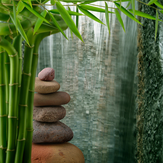 Balanced Stones with Bamboo and Waterfall