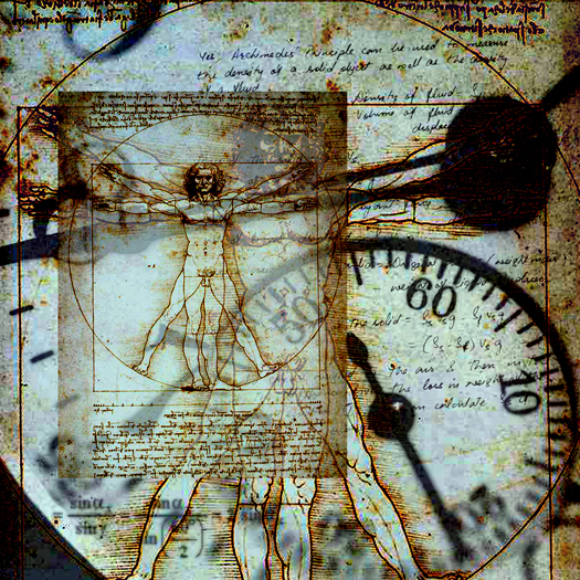 Da Vinci's Vitruvian Man in composite with an old clock