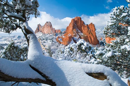 South Gateway Rock Formations at the Garden of the Gods Park in Colorado Springs, Colorado after a fresh snowfall