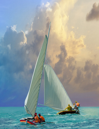 Canvas painting of small craft sailing in open sea, full of atmosphere