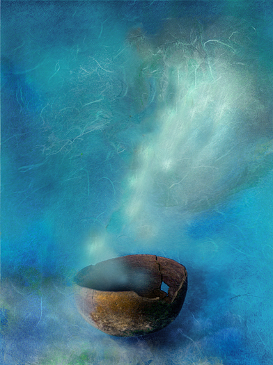 Brown shaman's bowl - blue mist, Photo based mix media image.