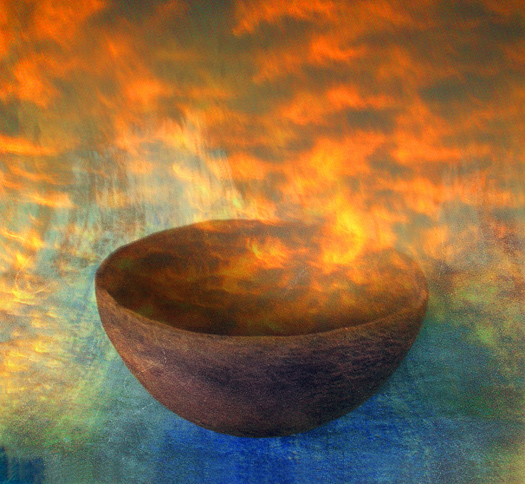 Brown sunrise bowl - red-gold smoke and mist. Photo based mix media image.