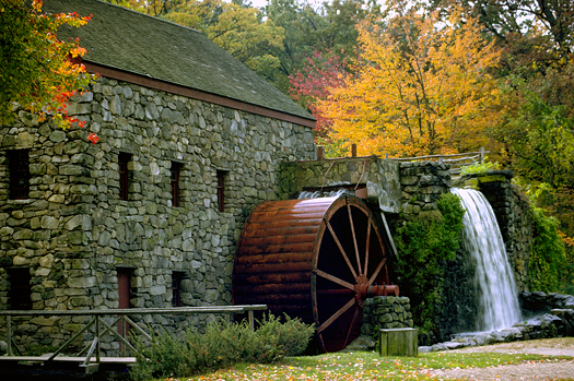 New England water mill outside of Boston in the fall