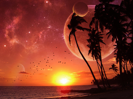 Two alien moons are setting while you stand on the beach watch the sun go down in a red sky