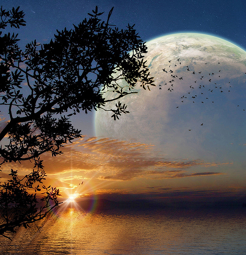 While the sun goes down, you can see an alien moon rising