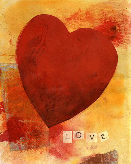 Textural Red Heart in orange and yellow background. Mixed media collage.