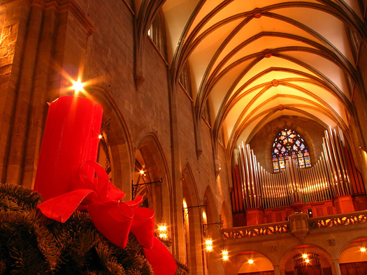 Inside a church with vaulted ceiling at Christmas time