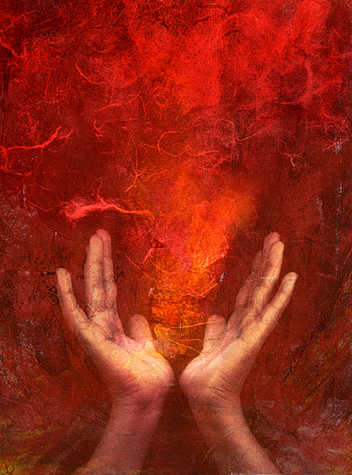 Photo based mixed medium images of hands with red 