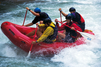 River rafting.Rowing together