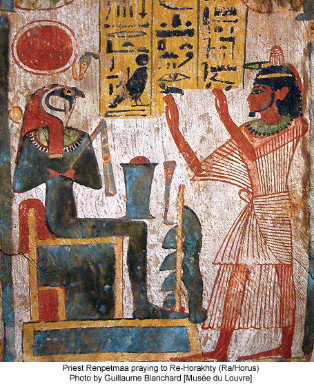 Priest Renpetmaa praying to Re-Horakhty (Ra/Horus) Photo by Guillaume Blanchard [Musée du Louvre]