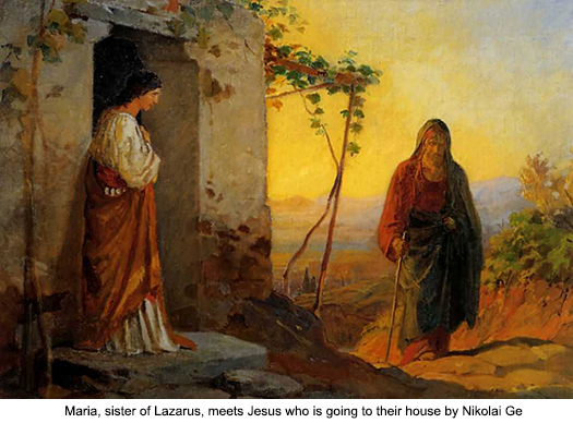 Maria, sister of Lazarus, meets Jesus who is going to their house by Nikolai Ge