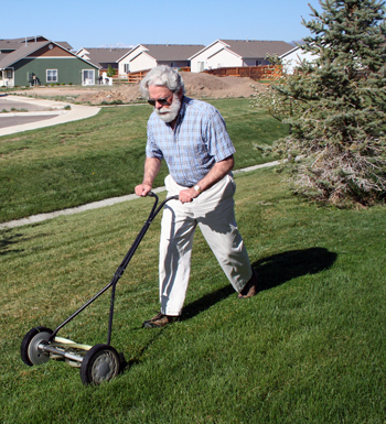 Senior man mowing grass with reel type mower